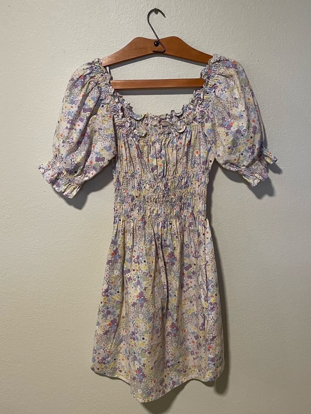 Levi's Lavender Floral Smocked Puff-Sleeve Mini Dress